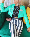 Juliet Jade Rhinestone Faux Leather Bomber Crop Jacket - The Lace Cactus