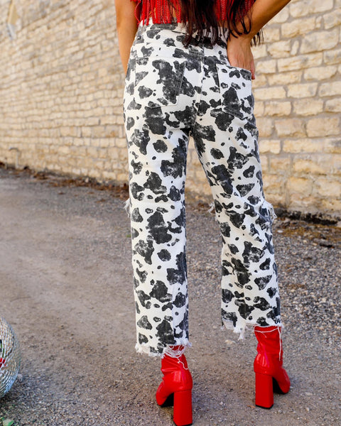 Denim Cow Print Pants | Lace Cactus