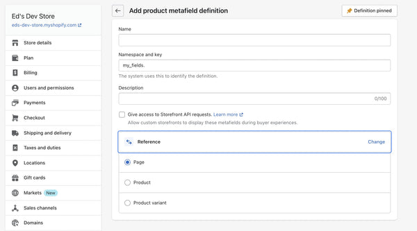 Define product reference metafield