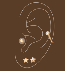 outline of ear with different ear piercings and hypoallergenic earrings. 