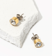 gold bezel set large stud earrings with butterfly earring backs