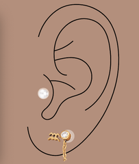 outline of ear with ear piercings, two lobe piercings and one tragus piercing with gold hypoallergenic jewelry 