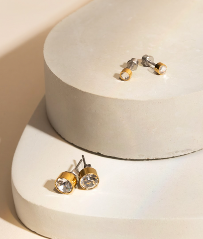 bezel set gemstone stud earrings with titanium screw back for kids with sensitive ears