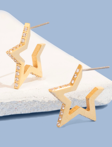 gold crystal bridal jewelry star shaped hoop earrings for sensitive skin