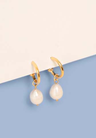gold titanium hoop earrings with freshwater pearl hoop charm for wedding and bridal parties 