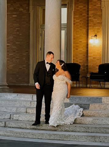 the sunsetting while bride and groom walk down the stairs, wedding photography inspiration