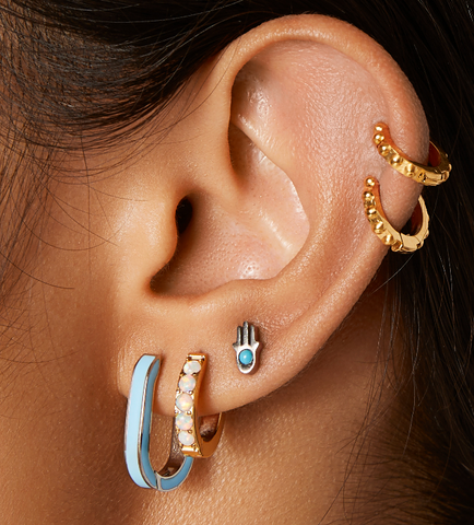 hypoallergenic gold ear stack with blue enamel hoop earrings 