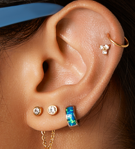 hypoallergenic ear stack with opal hoop earrings