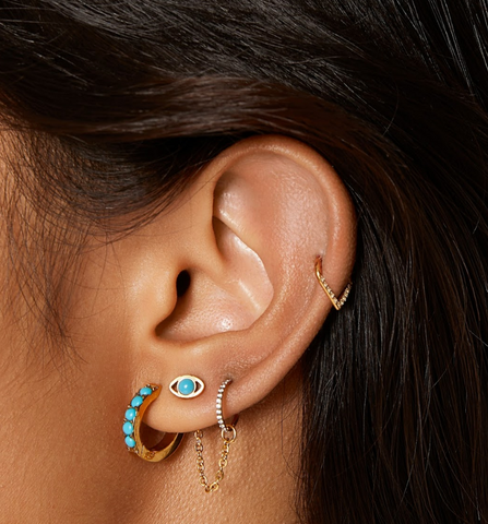 gold and turquoise ear stack with hypoallergenic titanium earrings 