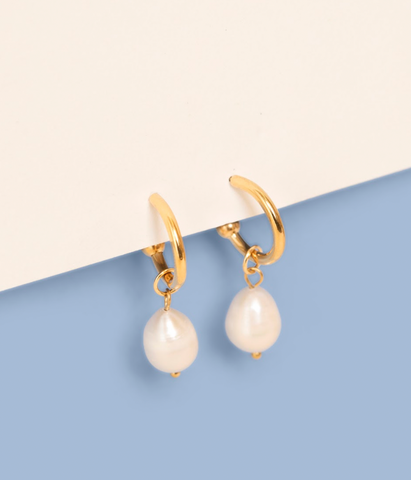 pearl titanium hoop charm earrings
