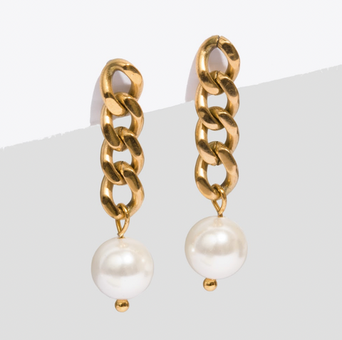 titanium chain earrings with freshwater pearl 