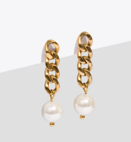hypoallergenic gold chain earrings with pearl charm