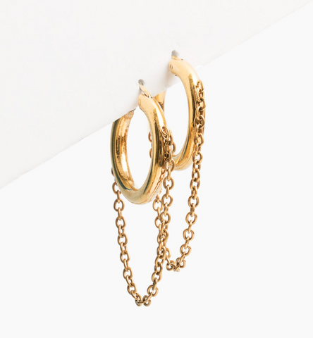 gold huggie hoop earrings with hanging chain 