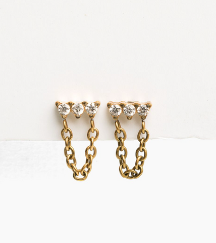 triple crystal stud earrings with connected chain 