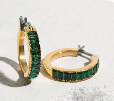 emerald green hypoallergenic bridal or wedding guest gold hoop earrings 