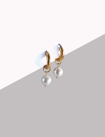 chunky gold hoop earrings with removable pearl charm