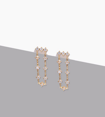 triple crystal stud earrings with crystal drop chain