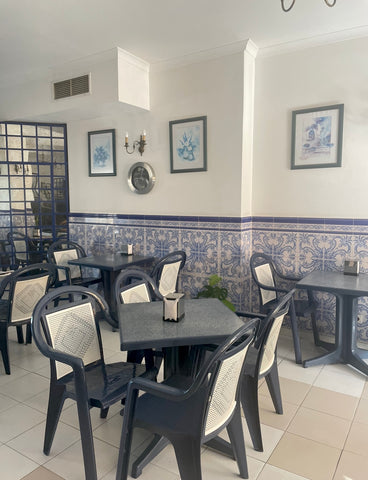 blue and white tiles in cafe store