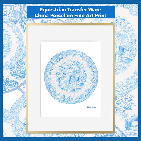 Equestrian Transfer Ware Porcelain China Blue and White Fine Art Print by Diga Linda