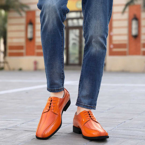 men jeans pants with orange dress shoes