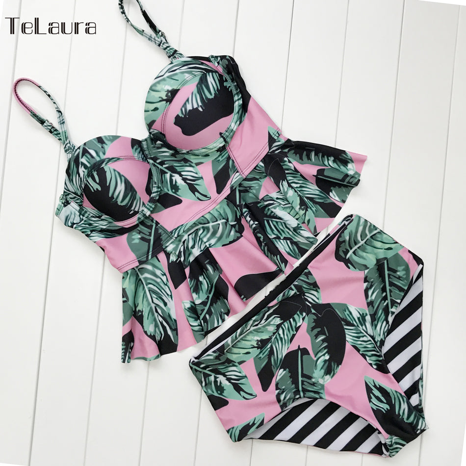 High Waisted Tankini Palm Leaf Floral Two Piece Swimsuit – Kalyn & Co.