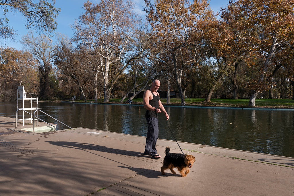 18 x 24 Photograph reprinted on fine art canvas  of Buster Payne and his dog Mafaro walk along the remarkable Sycamore Pool in Bidwell Park in Chico California r14 2012 by Highsmith, Carol M.