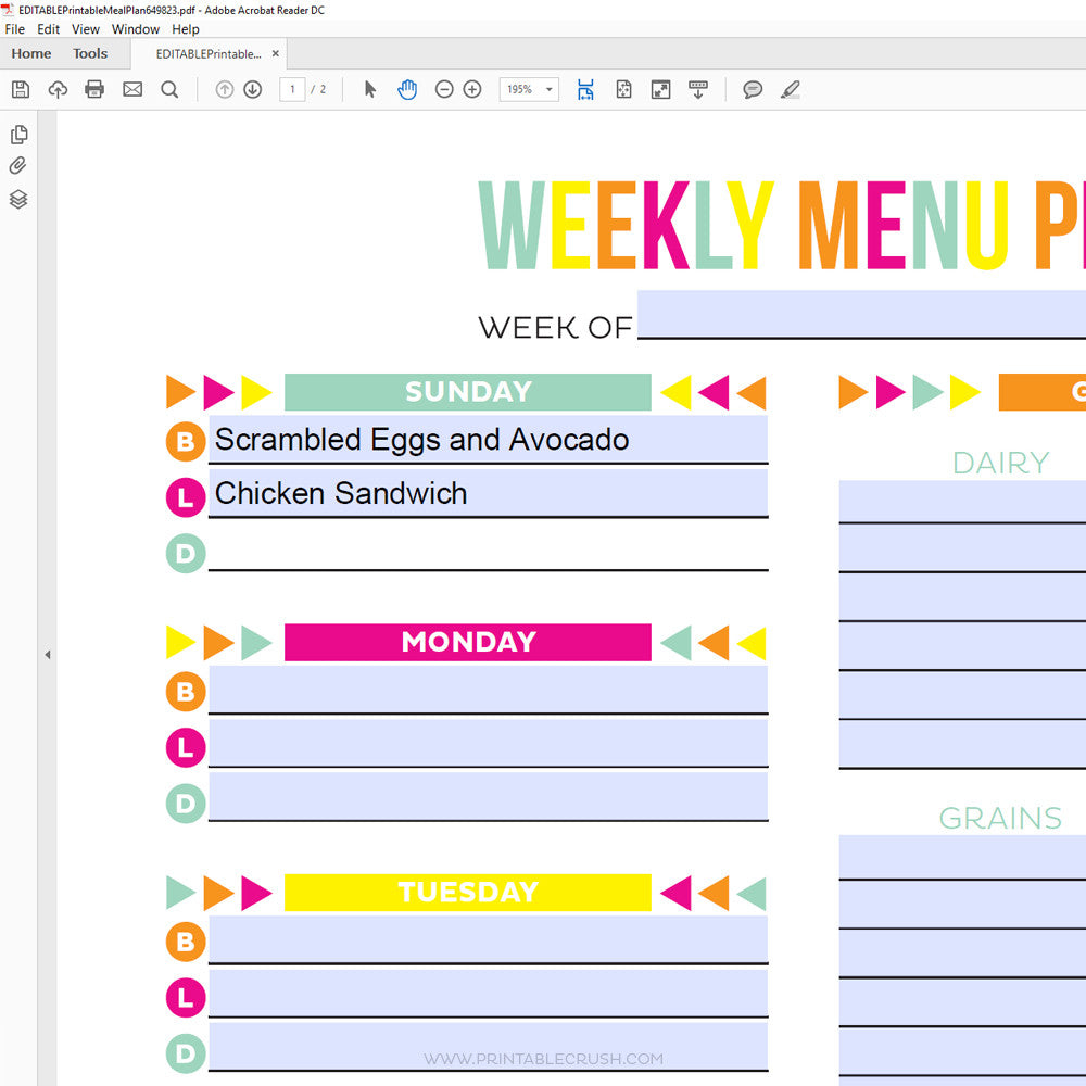 google sheet meal plan editable