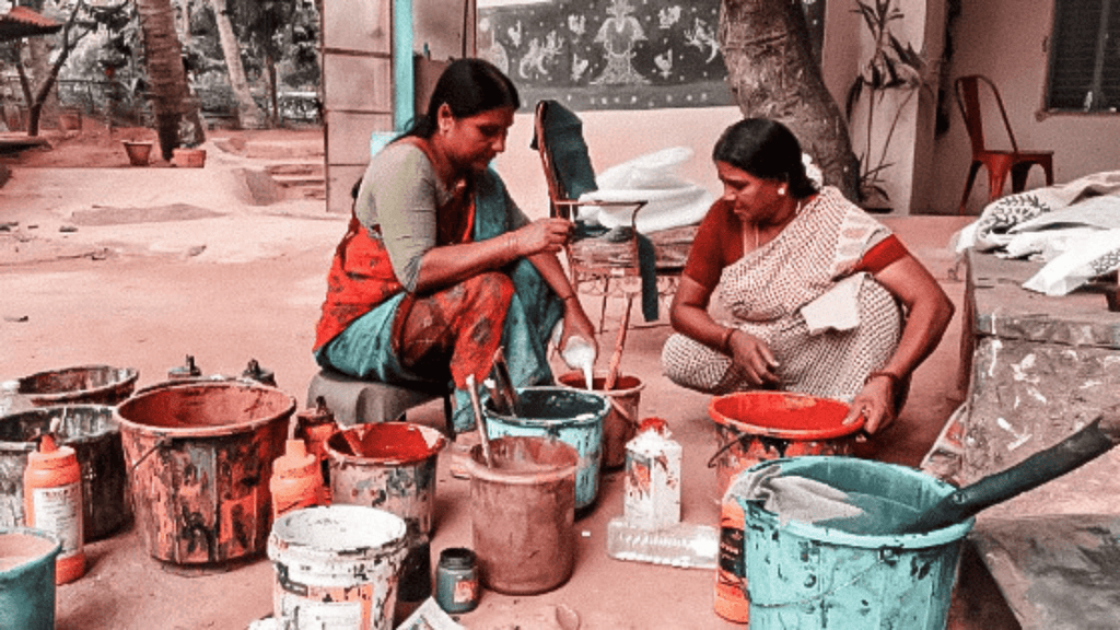 ladies preparing color for block printing