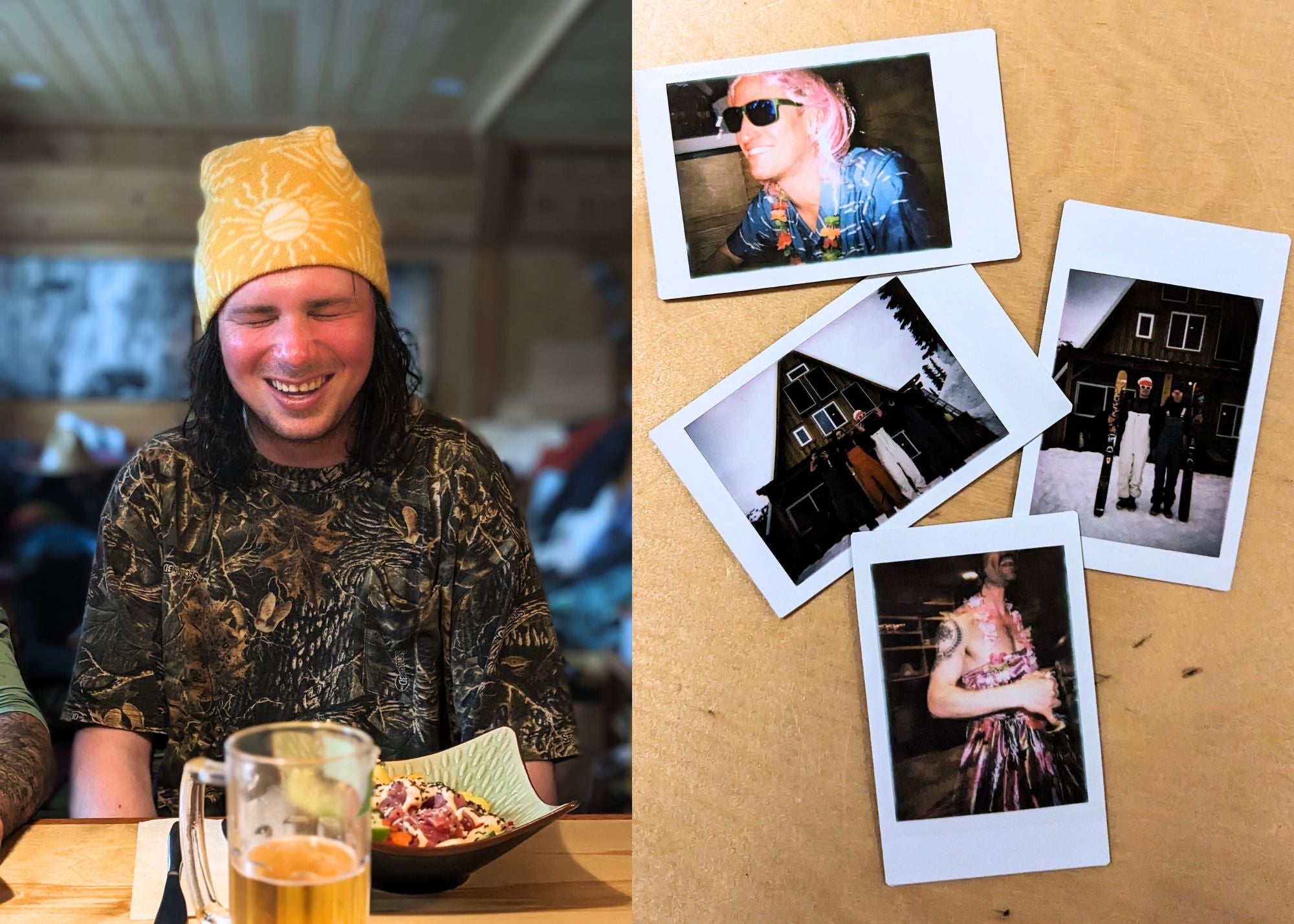 Una pantalla dividida de Hibbs sonriendo en la mesa y cuatro fotografías polaroid colocadas sobre la mesa.