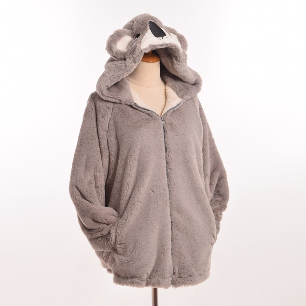 Cute Winter Coat Girls Lovely Anime Style Fleece Hoody Cute Grey