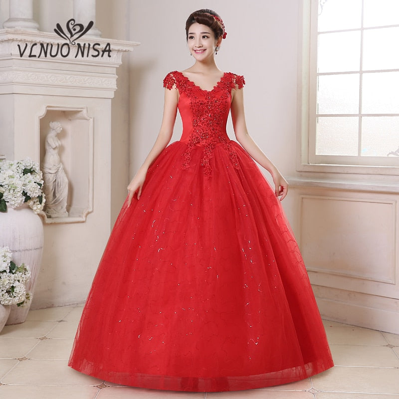 Romantic Red Wedding Dress Korean Style Fashion V Neck Appliques Plus