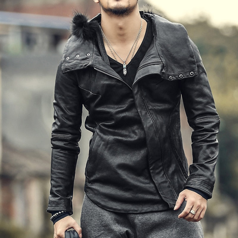 Men new Fashion Winter Warm Leather Jacket Men Hat Detachable genuine