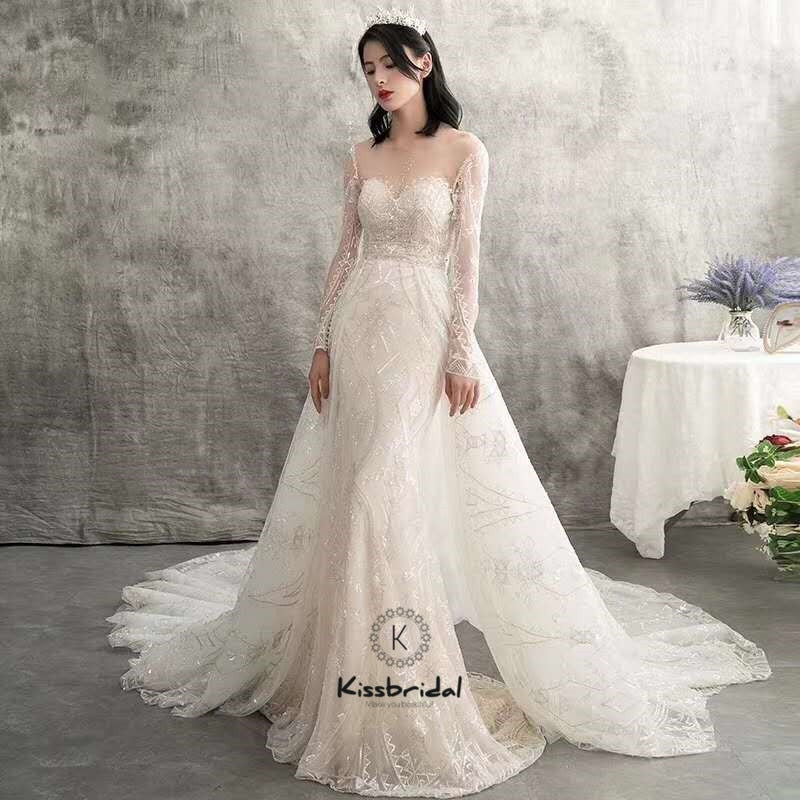 Mermaid Wedding Dresses Detachable Train Beaded Lace Wedding Bridal Go