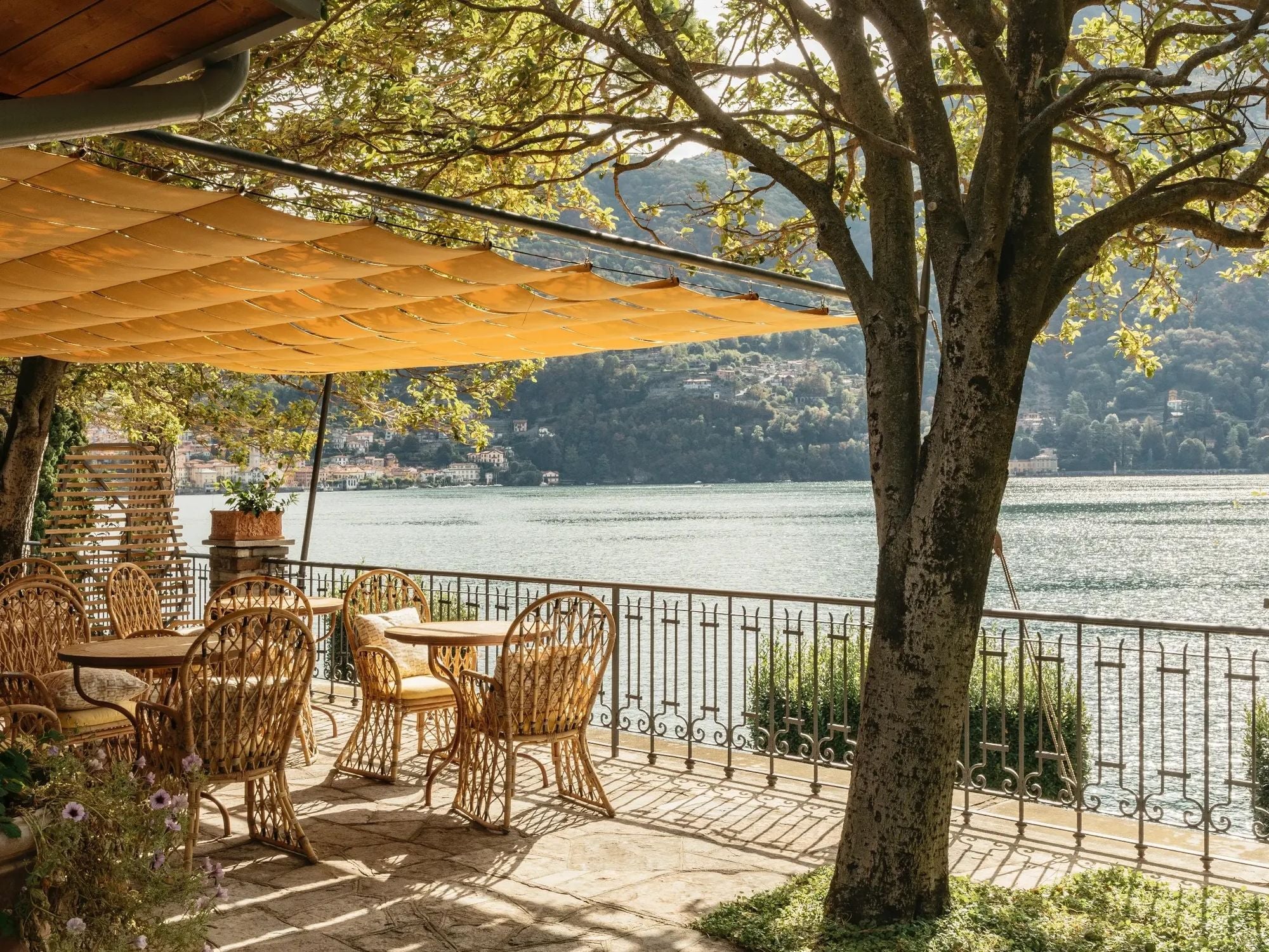 patio dining area with a view of the lake