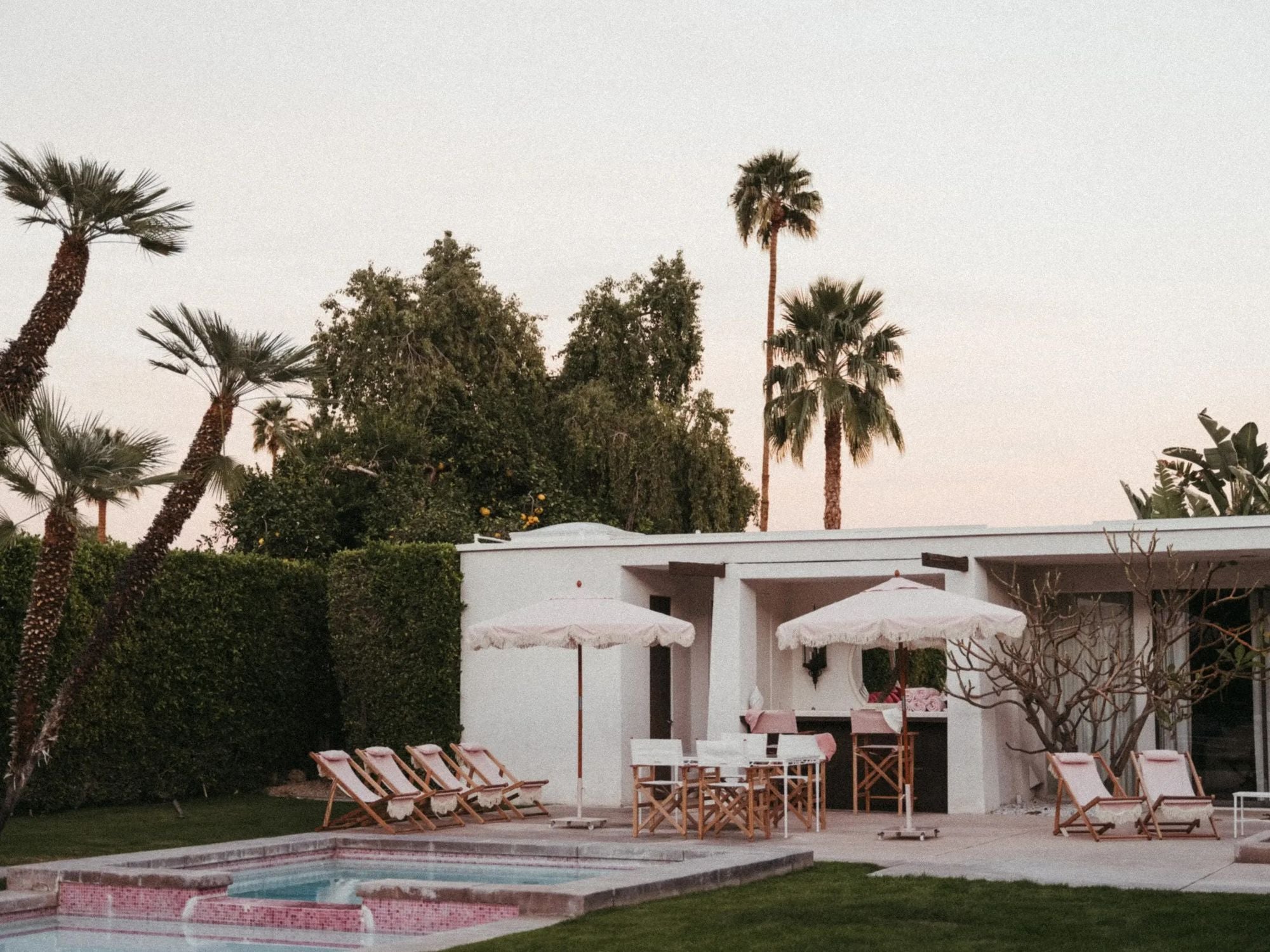 Pink umbrellas in a backyard