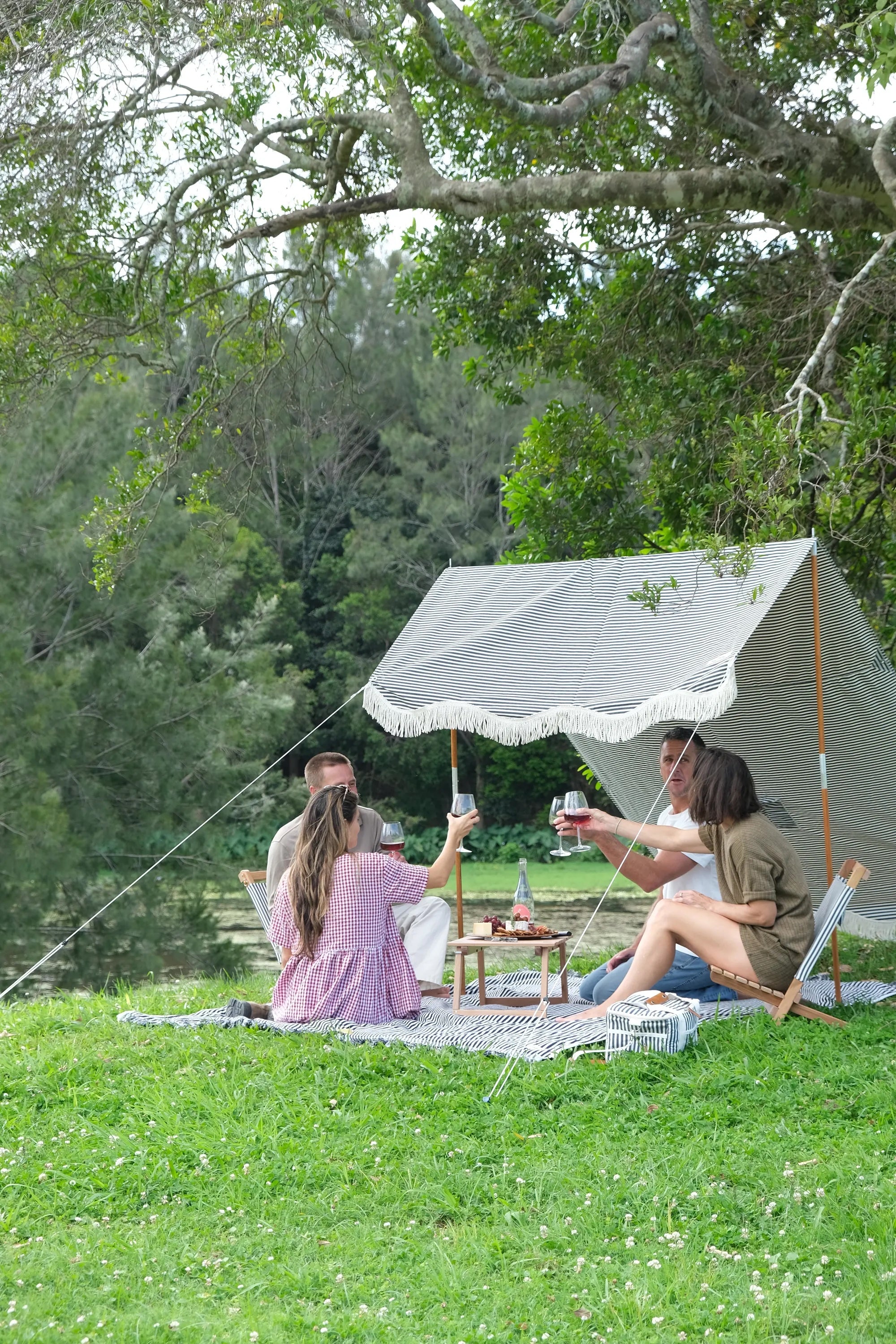 picnic setup with friends under a tent on the grass