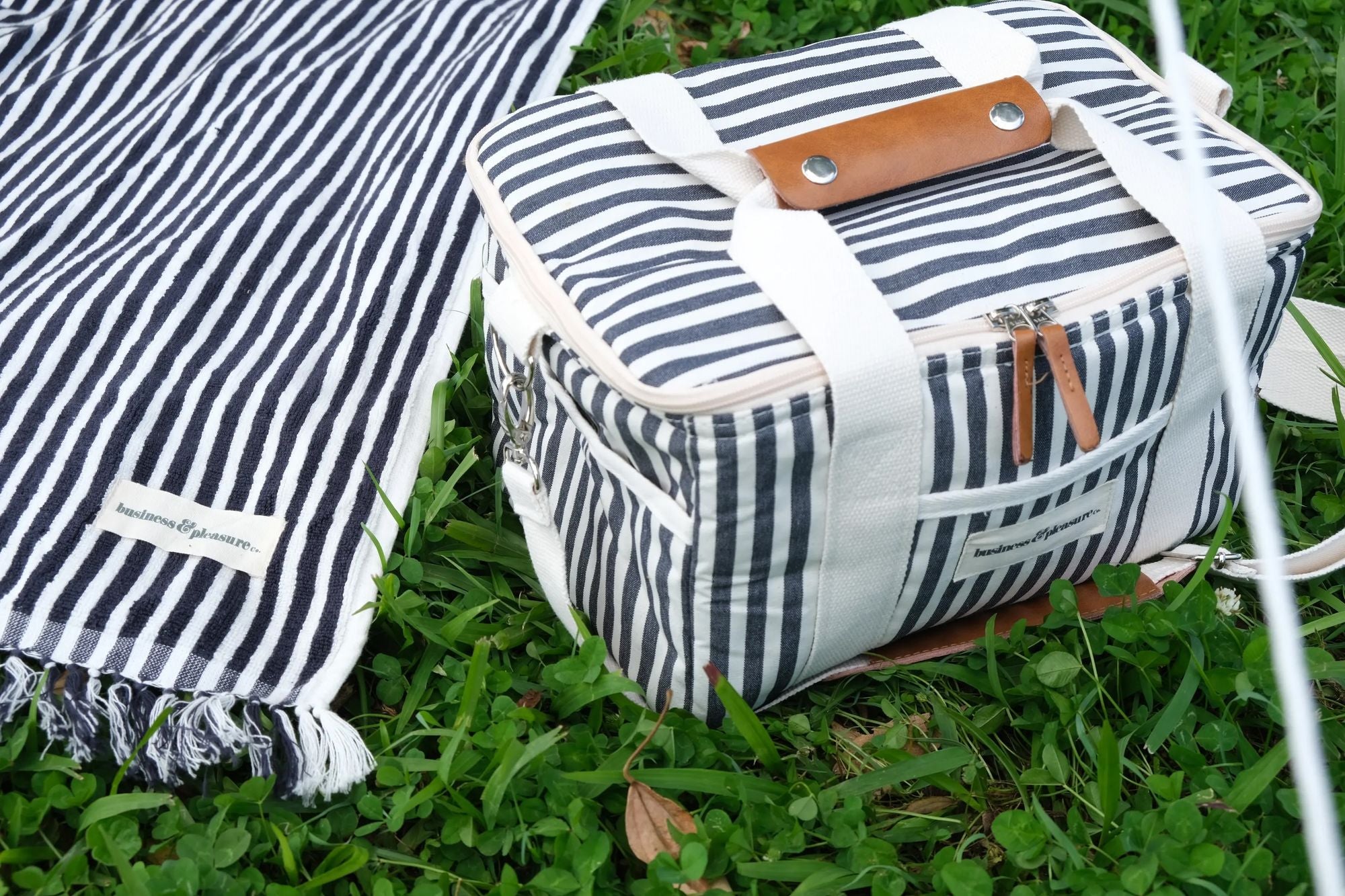 navy striped cooler bag and blanket