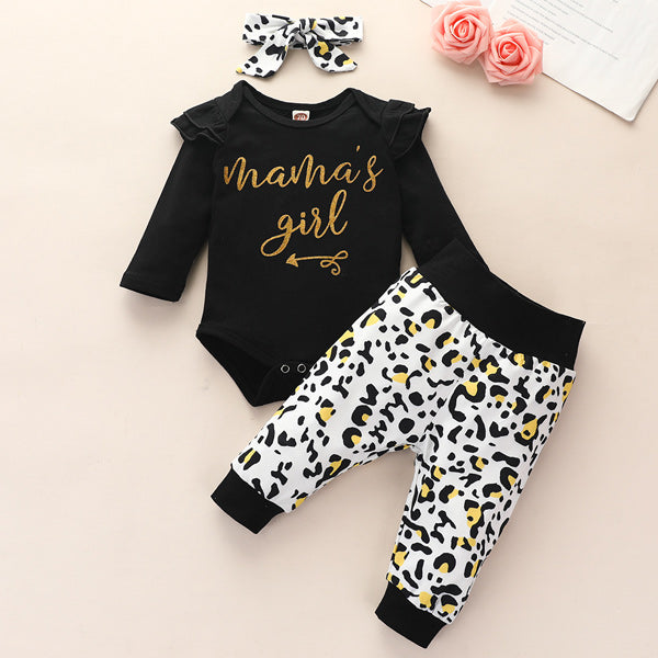 100% Cotton 3pcs Baby Girl Leopard Splicing Black Long-sleeve Ruffle Romper and Pants Set