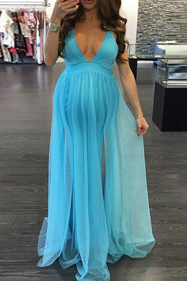 Sky Blue Formal Maternity & Nursing Dress with Neckline Tie