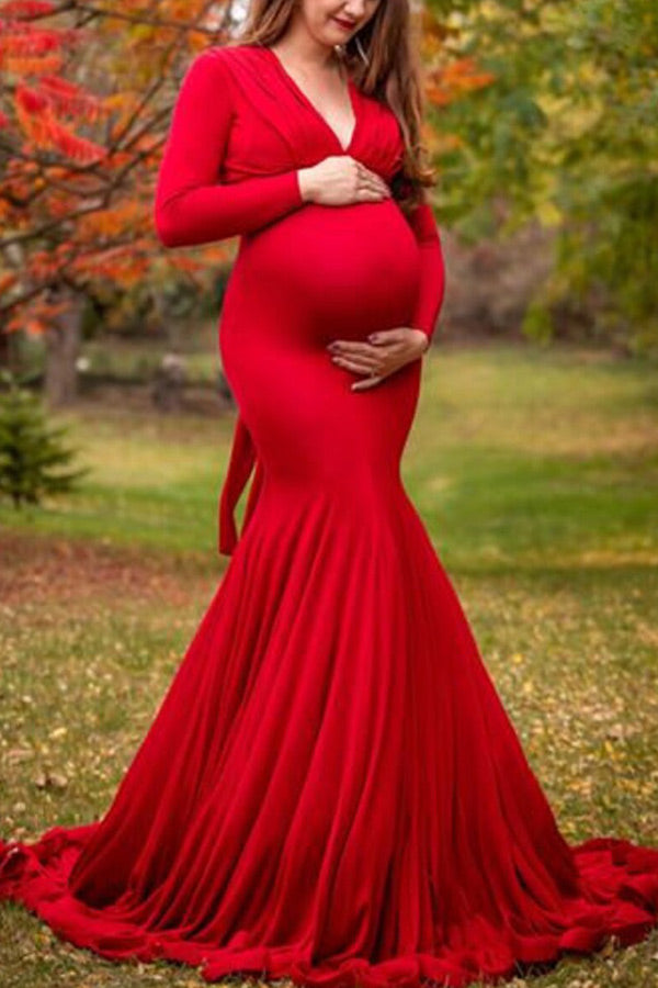 Stretch Pink Mermaid Maternity Dresses Photoshoot Puffy Sleeves