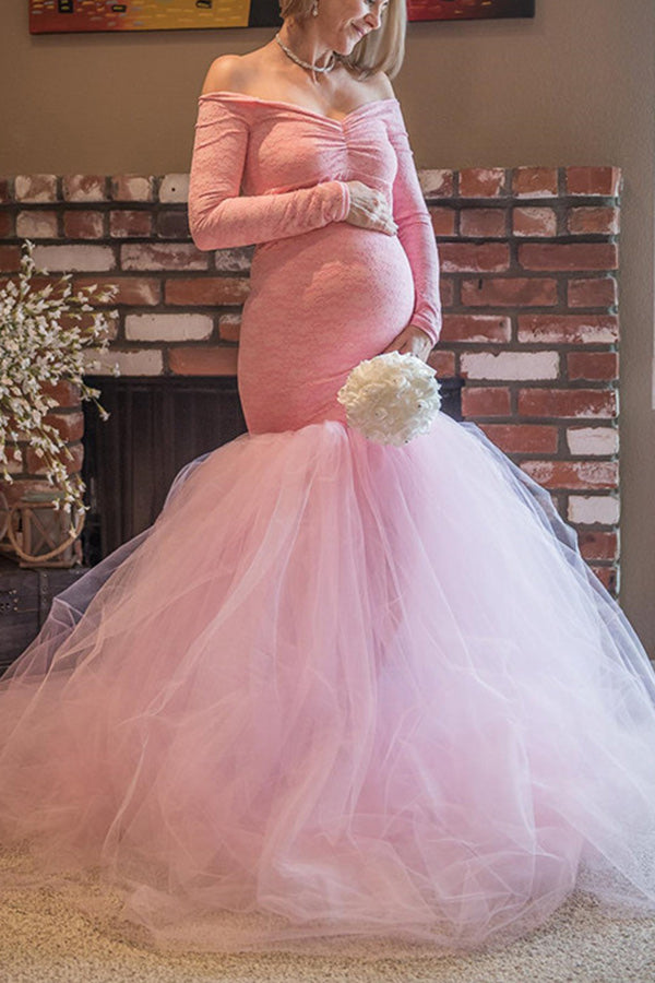Sweetheart Lace and Tulle Pink Maternity Dresses A-Line Long Sleeve Ruffles  Babyshower Party Dress For Photoshoot High Quality - AliExpress