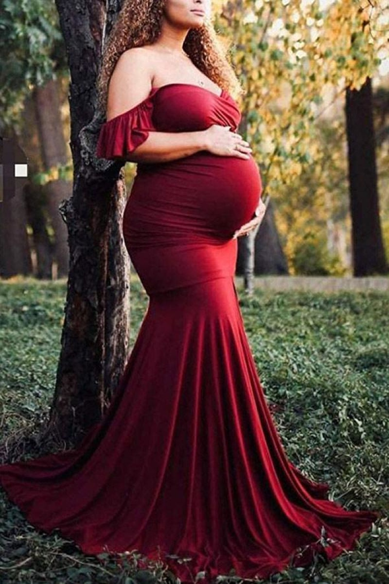 Green Bardot Maternity Dress, Off the Shoulder, Baby Shower, Pregnant Guest  – Chic Bump Club