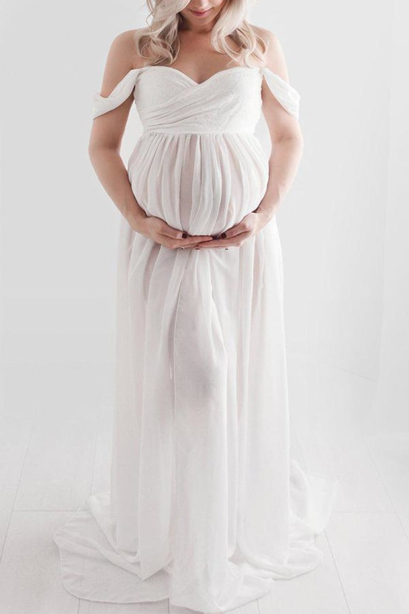 White Lace See-through Thigh-high Slit Maternity Photoshoot Dress