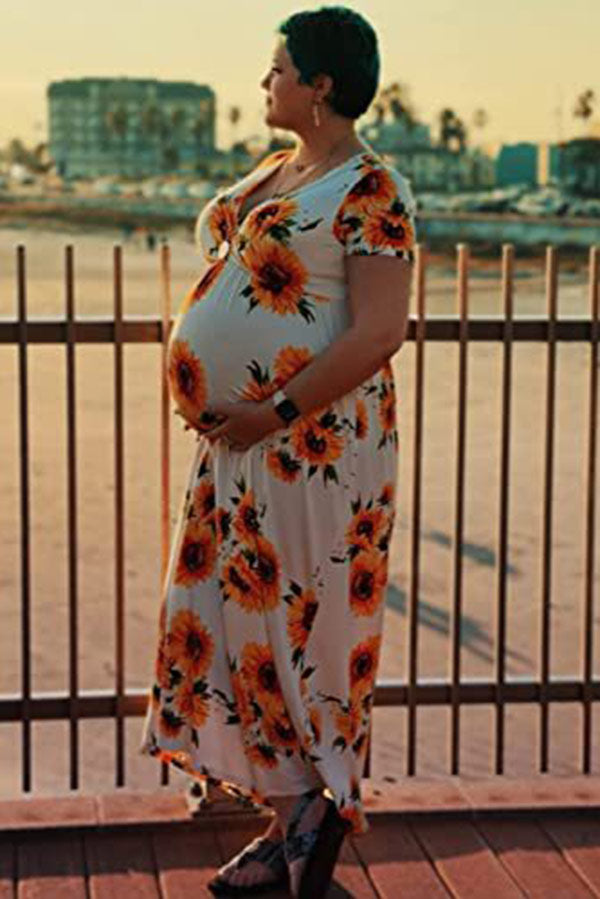 Sunflower Short Sleeves Cotton Maternity Dress Babyshower Dress – Glamix  Maternity