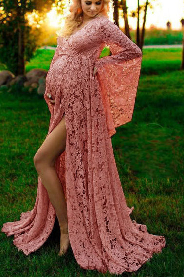 GLAMIX Thigh-High Slit Lace Maternity Photoshoot Dress, Pink / S