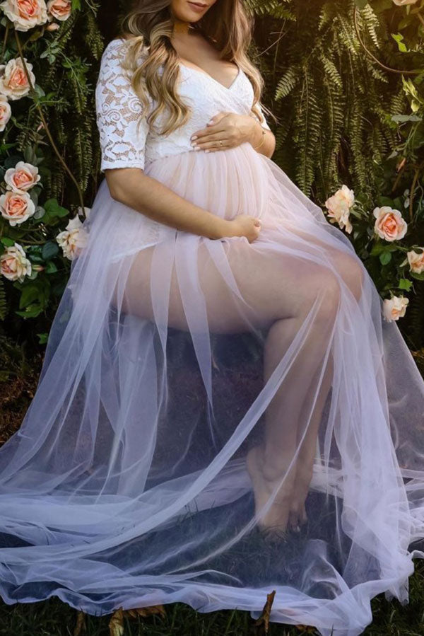 Short Sleeve Lace Chiffon Maternity Dresses Photoshoot Pregnant