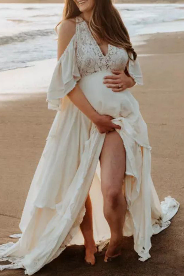 Buy Lace Maternity Photoshoot Dress Long Sleeve Boho Maxi Gown Pregnancy  Wrap Side Slit Photography for Baby Shower, Antique Rose, X-Small at  Amazon.in
