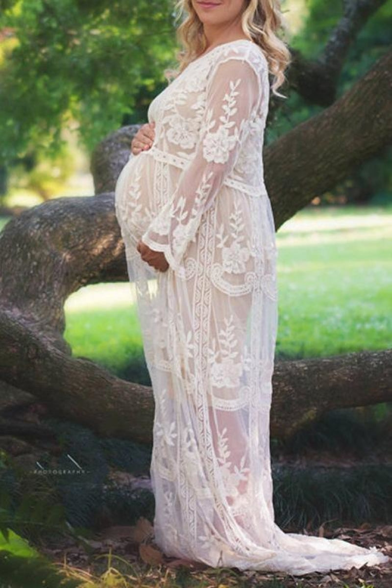 Maternity Photoshoot Dress for Pregnancy Photography Sessions Boho White  Lace One Size Fits All 