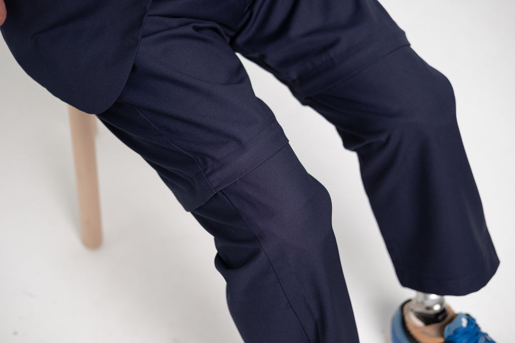 Blue formal pants, customised to be convertible from long pants to shorts.
