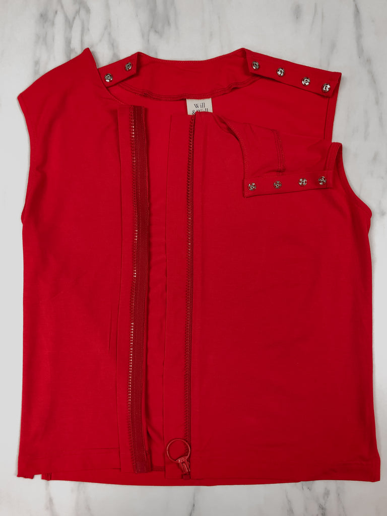 Close up of the customised Sleeveless Blouse in bright red. FrontSlit opening in the middle of the blouse for easy dressing. 